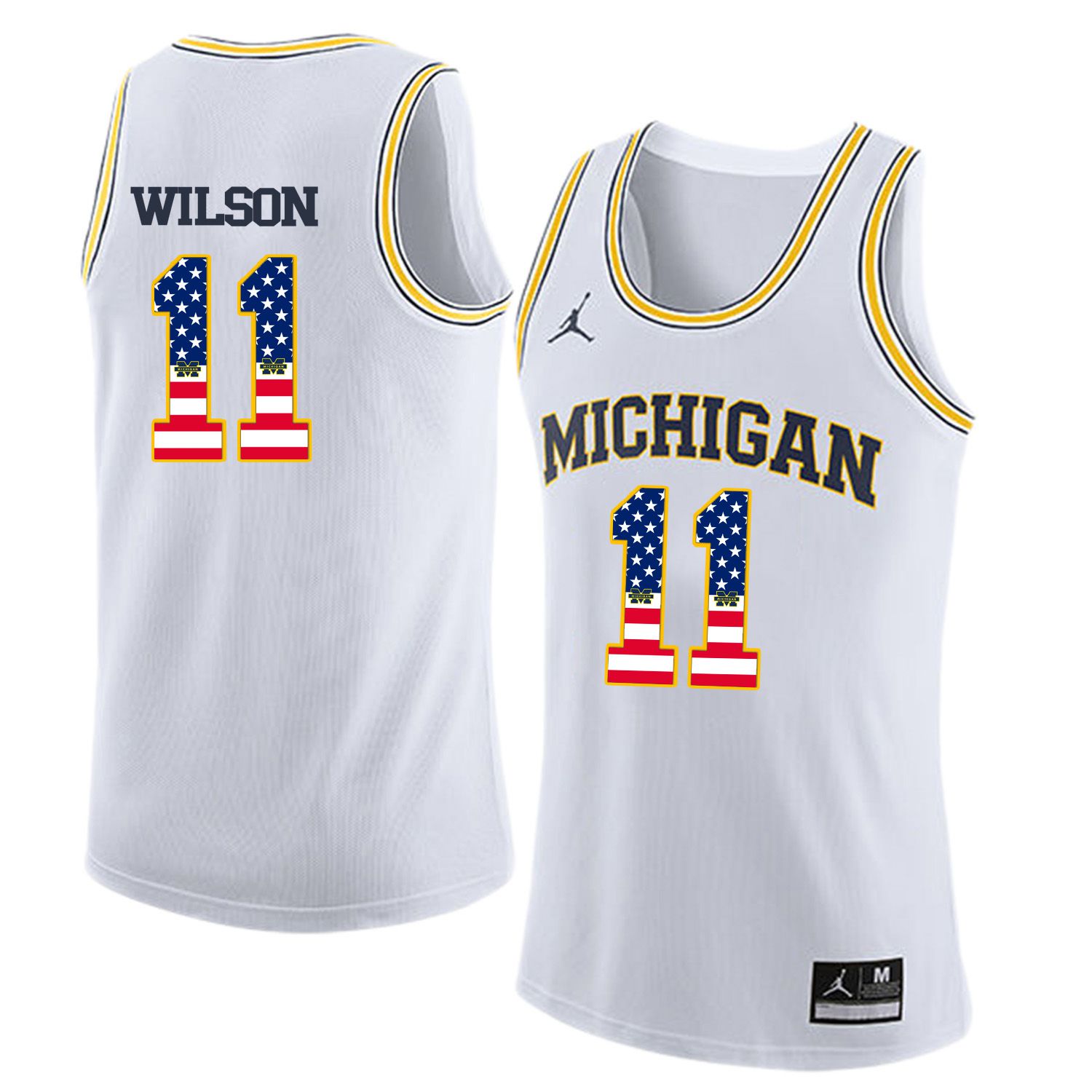 Men Jordan University of Michigan Basketball White #11 Wilson Flag Customized NCAA Jerseys->customized ncaa jersey->Custom Jersey